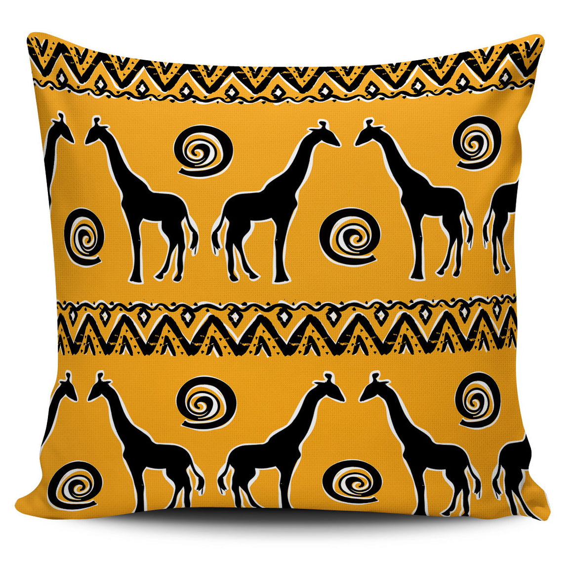 Mustard cushion cover with black giraffes, spirals and geometric borders.