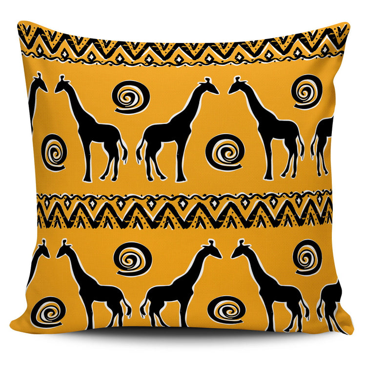 Mustard cushion cover with black giraffes, spirals and geometric borders.