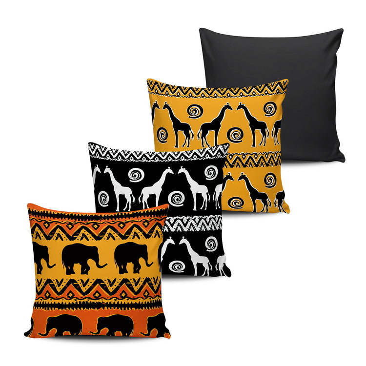 Four cushion covers with elephant and giraffe patterns plus a plain black design.