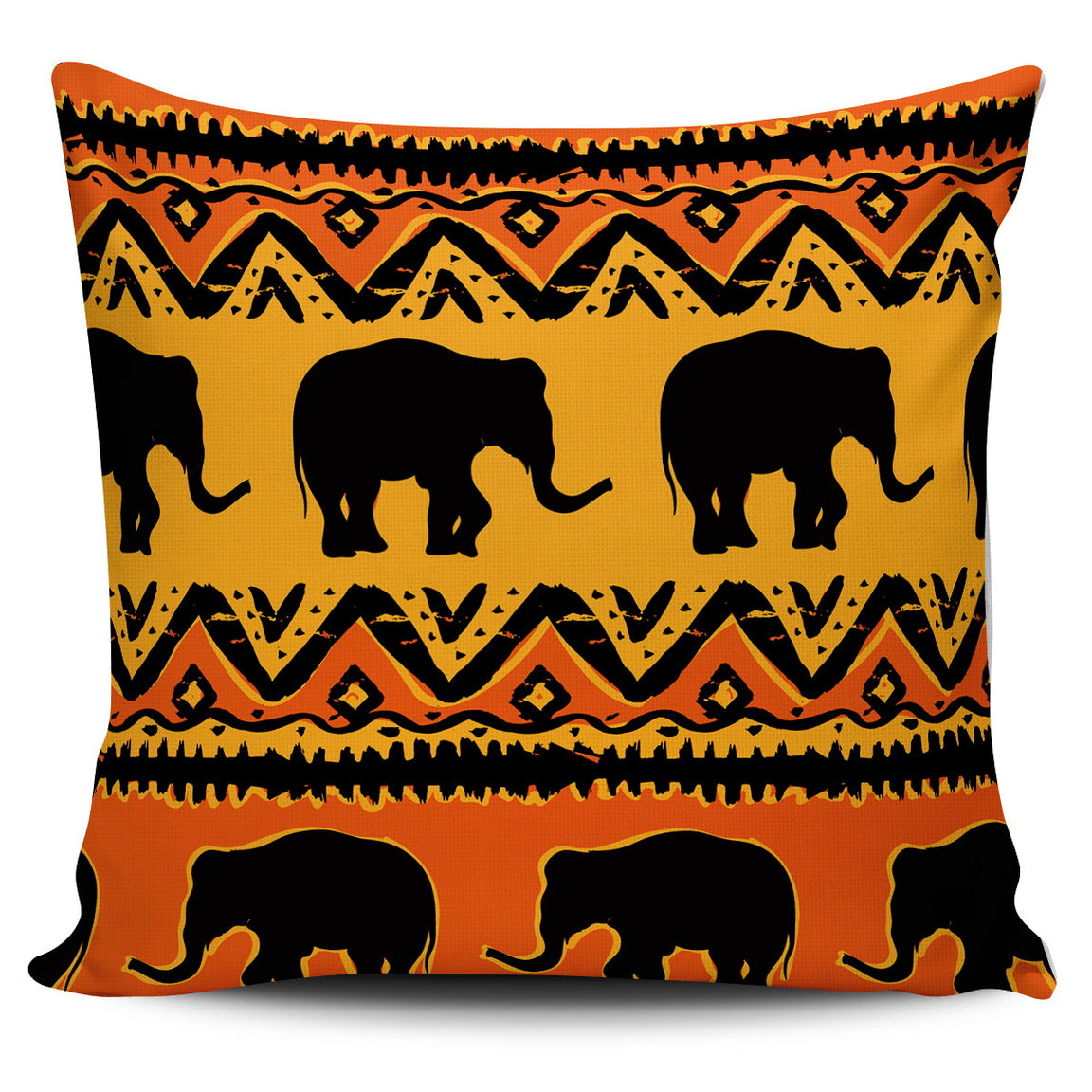 Orange cushion cover with black elephants and geometric horizontal borders.