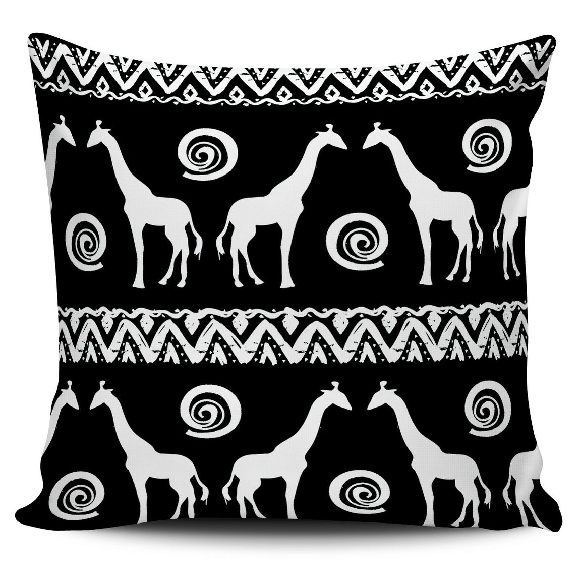 Black cushion cover with white giraffes, spirals and geometric borders.