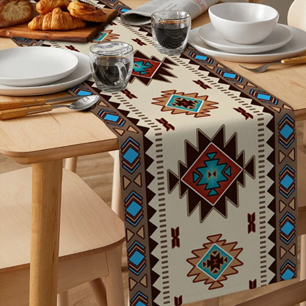 Geometric diamond-pattern table runner shown with breakfast tableware.
