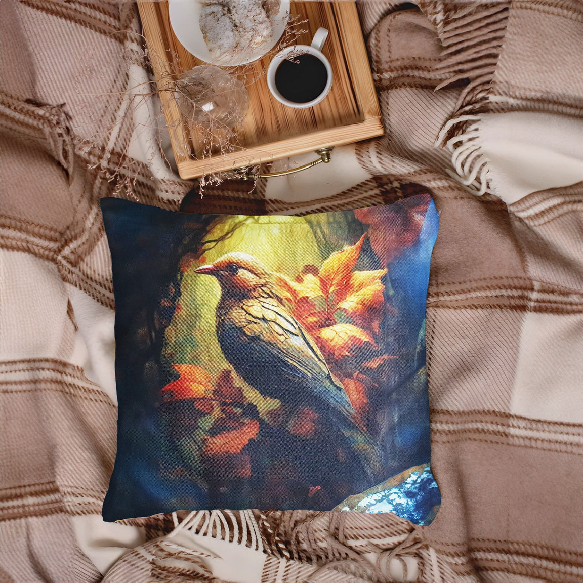 Dark blue cushion cover with a colourful bird among orange flowers.