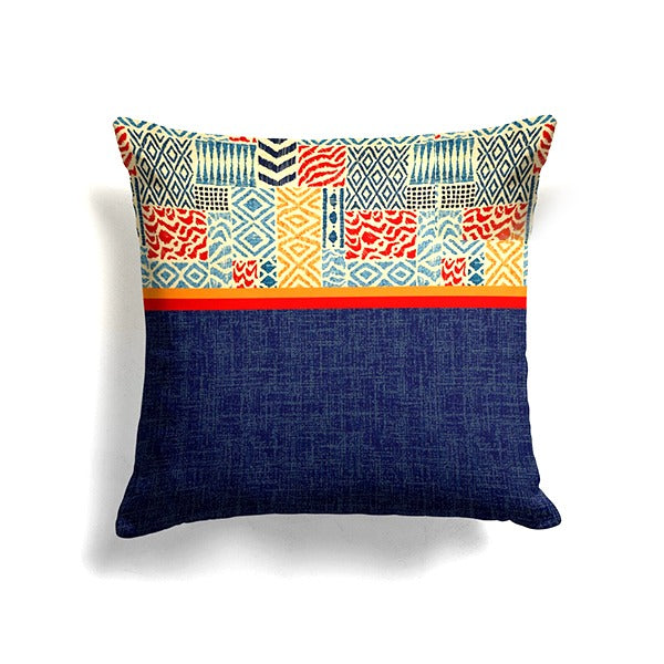 Cushion cover with a colourful patchwork top panel above a plain navy section.