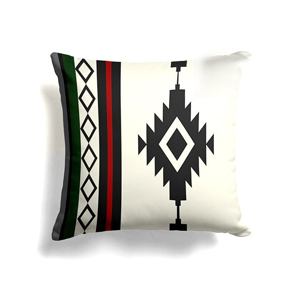 Cream cushion cover with a black stepped diamond and narrow coloured side stripes.