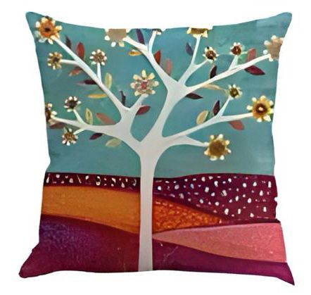 Teal cushion cover with a pale tree above orange and burgundy rolling hills.