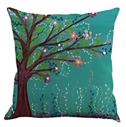 Turquoise cushion cover with a flowering tree growing from one side.