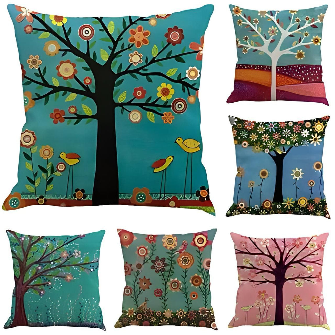 Six colourful cushion covers with stylised flowering trees and floral designs.