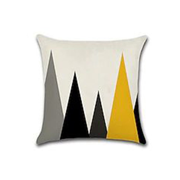Cream cushion cover with tall grey, black and mustard triangles.