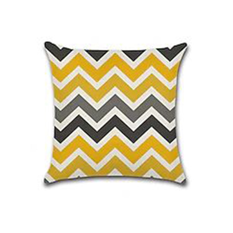 Cushion cover with horizontal mustard, grey and white zigzag stripes.