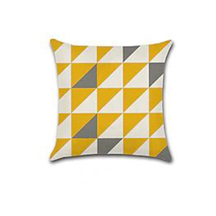 Cushion cover with small mustard, grey and white triangles.