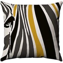 Cushion cover with sweeping black, white and mustard curved stripes.