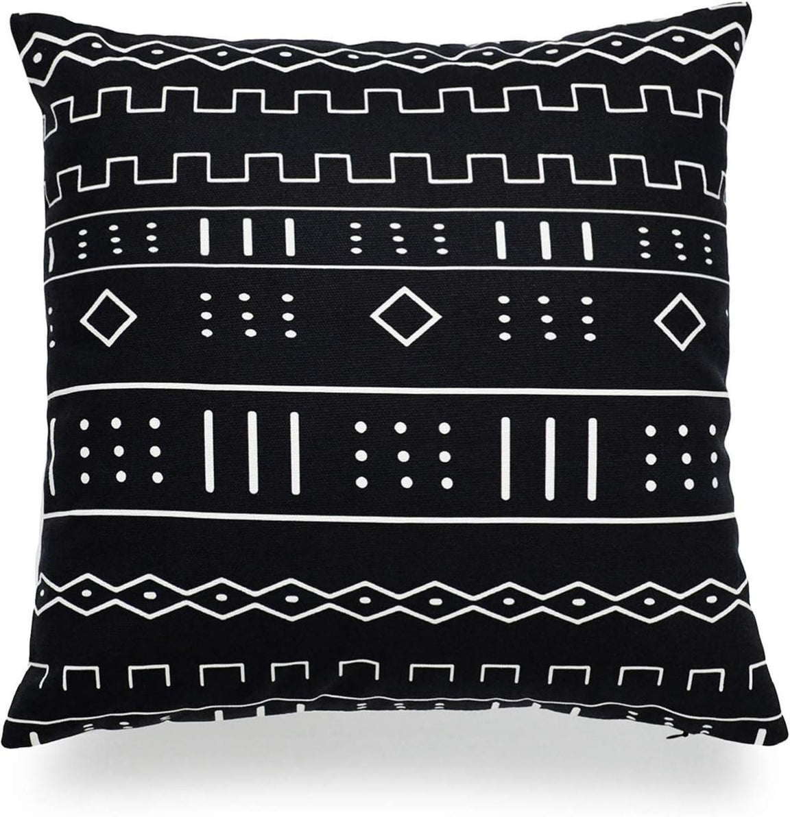 Black cushion cover with horizontal bands of small white lines and diamonds.