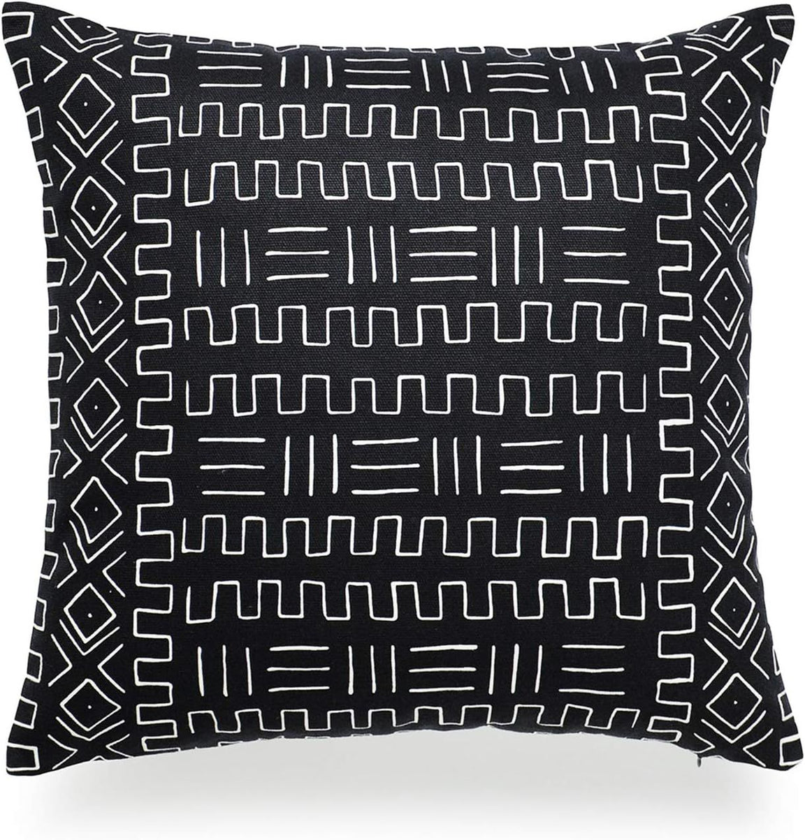 Black cushion cover with fine white angular lines and geometric borders.