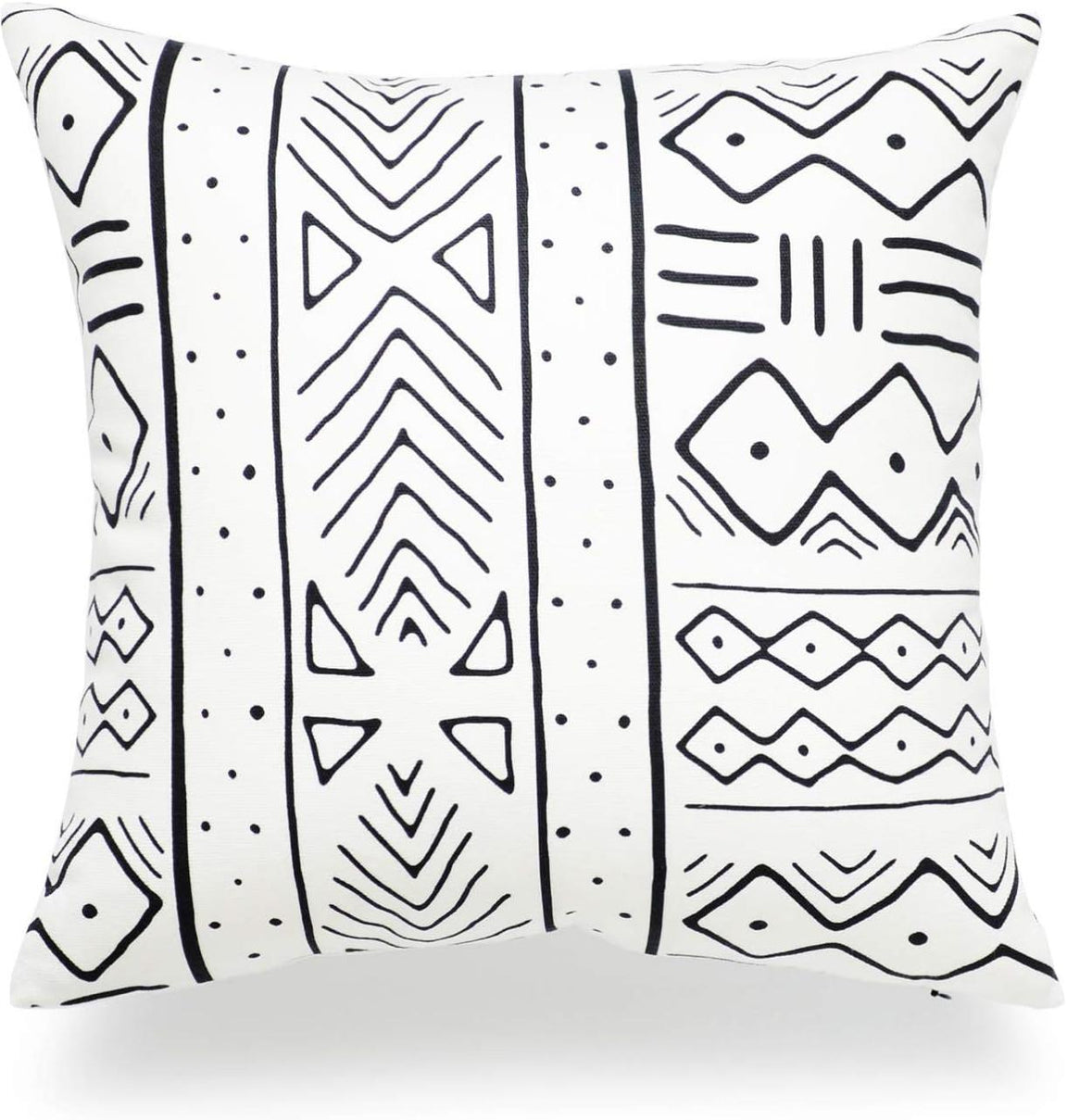 White cushion cover with vertical black bands of diamonds, lines and small marks.