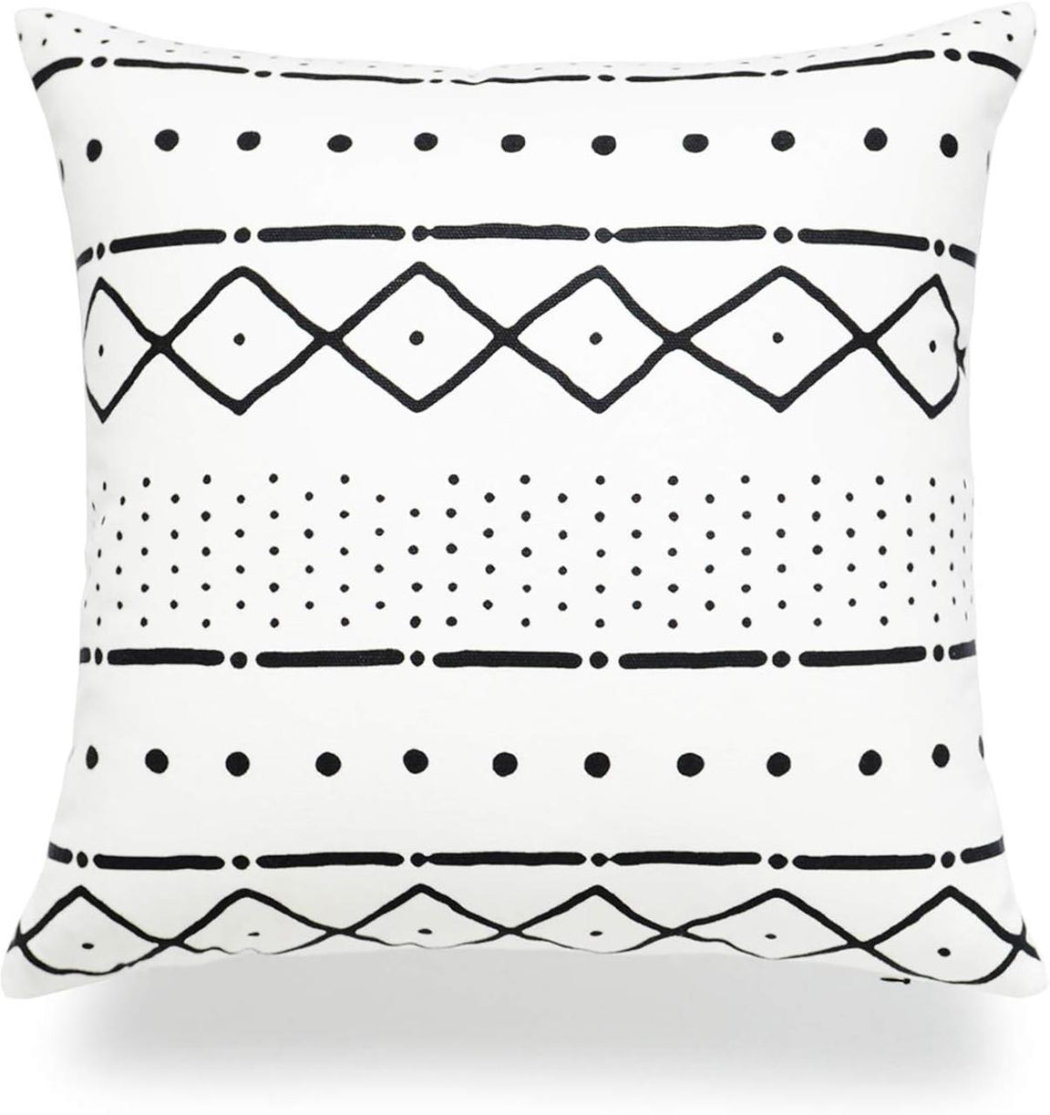 White cushion cover with horizontal black diamonds, dots and lines.