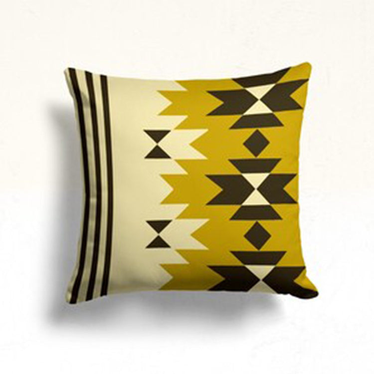 Cream cushion cover with mustard and black geometric columns and narrow side stripes.
