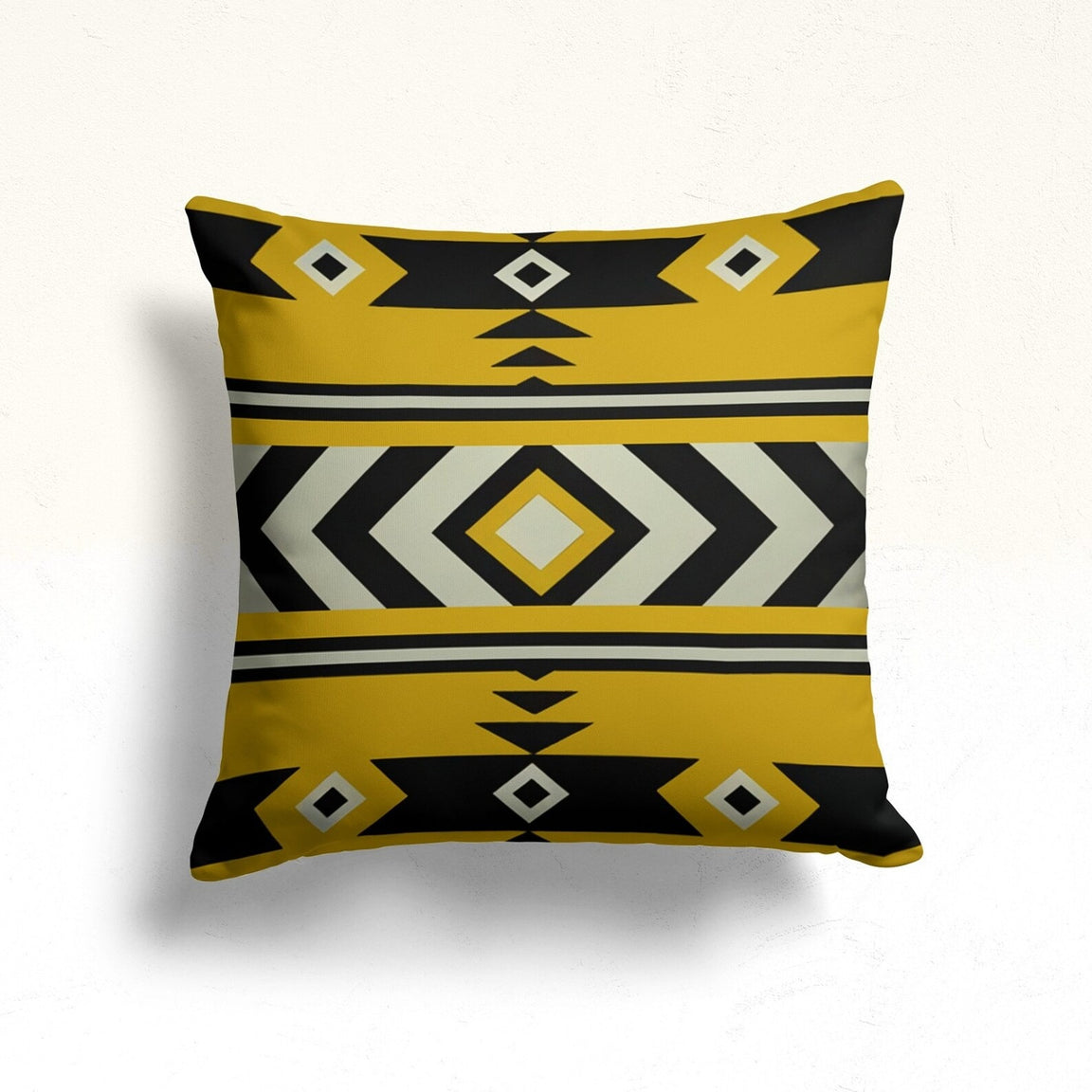 Cushion cover with mustard, black and cream horizontal geometric bands.