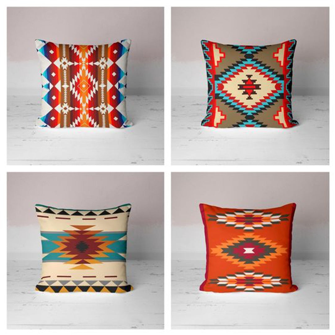 Four colourful cushion covers with rust, teal and cream geometric diamond patterns.