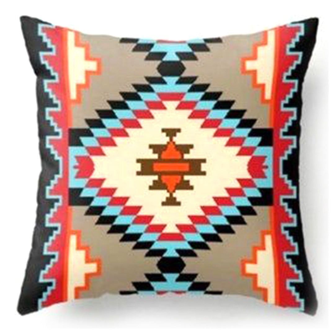 Cushion cover with a large cream diamond surrounded by rust, teal and black stepped shapes.