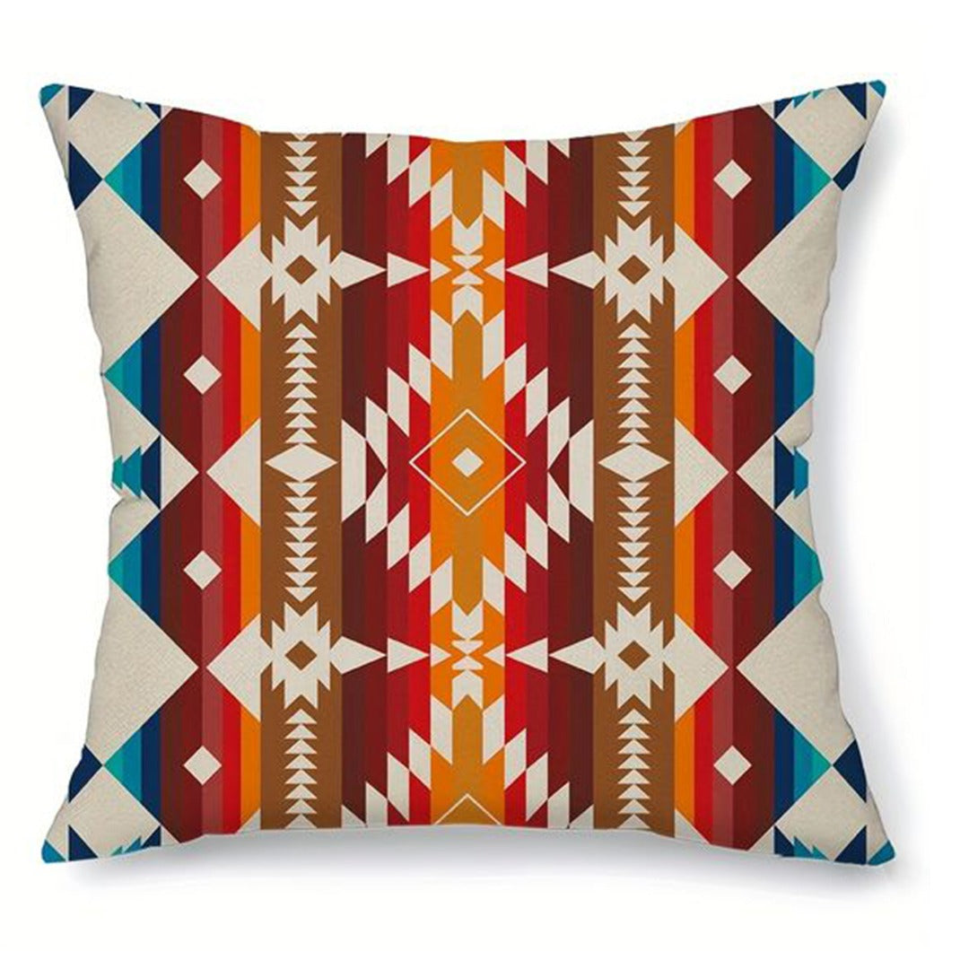 Cushion cover with rust vertical bands and small cream and teal geometric motifs.