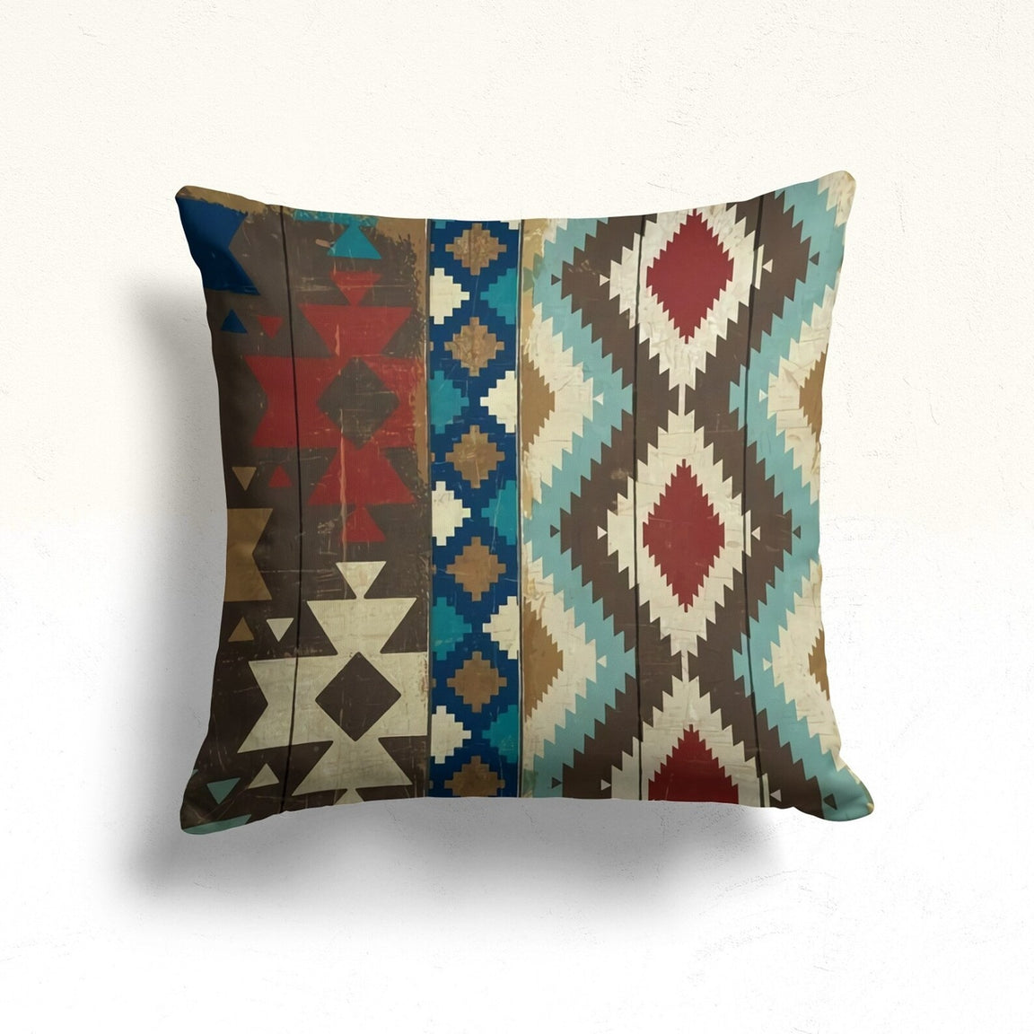 Cushion cover with vertical bands of earthy coloured diamonds and geometric motifs.