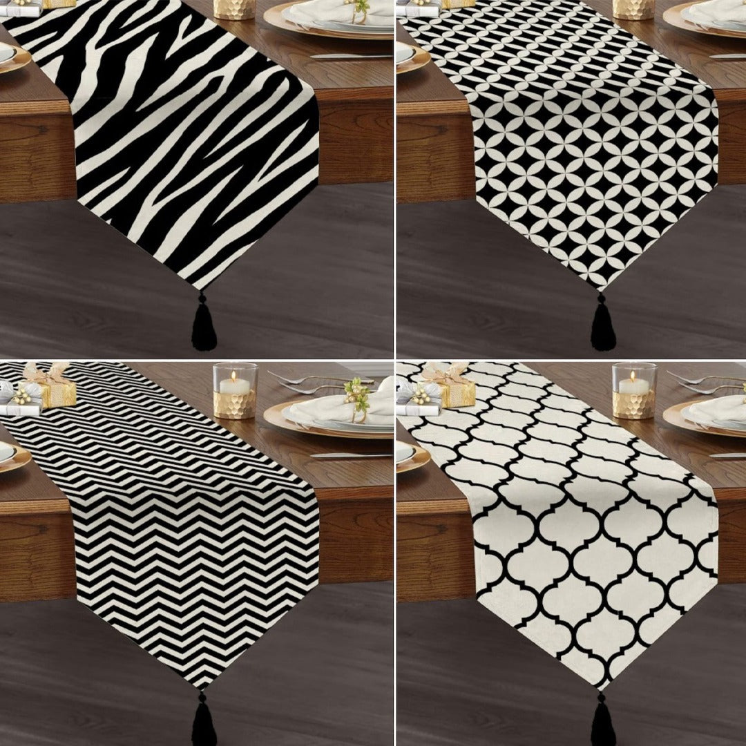 Four black-and-white table-runner patterns shown together.