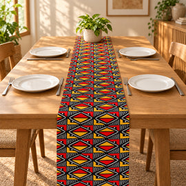 Red, yellow and navy diamond-pattern table runner with matching placemats.