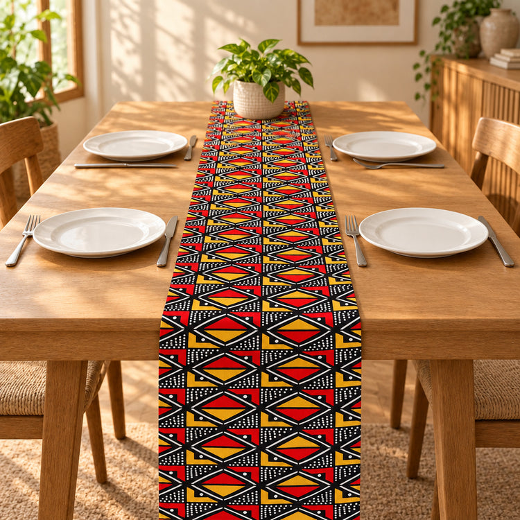 Red, yellow and navy diamond-pattern table runner with matching placemats.