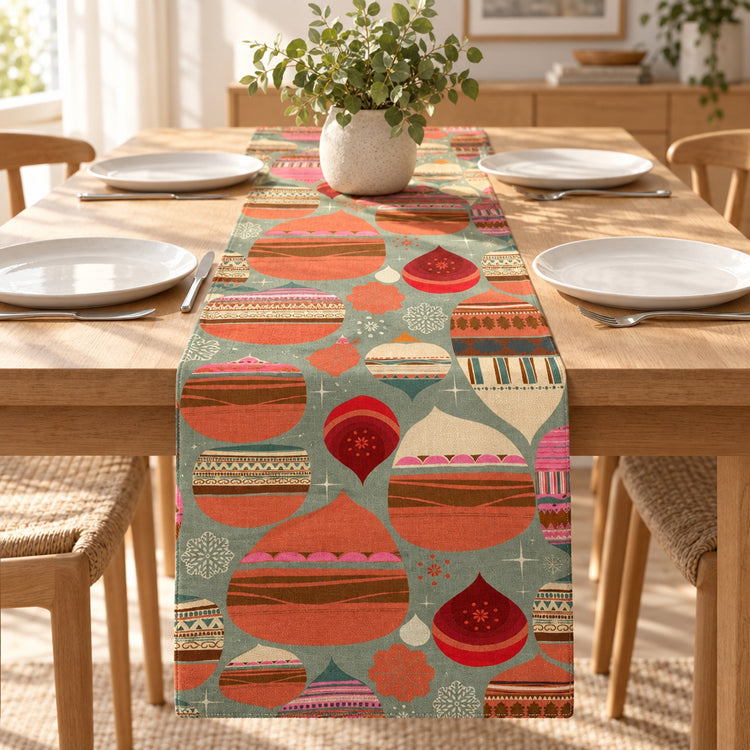 Table runner with colourful abstract circles and striped shapes.