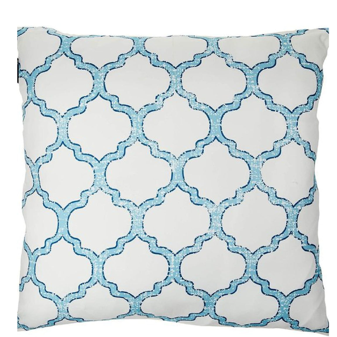 White cushion cover with a light blue quatrefoil lattice pattern.