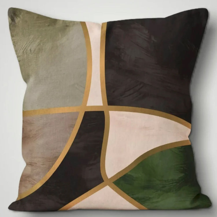 Cushion cover with muted green, brown, grey and cream panels divided by gold coloured lines.