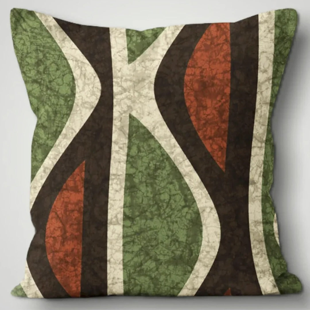 Cushion cover with curved green, brown, rust and cream vertical shapes.