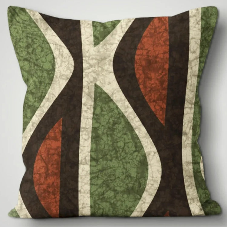 Cushion cover with curved green, brown, rust and cream vertical shapes.