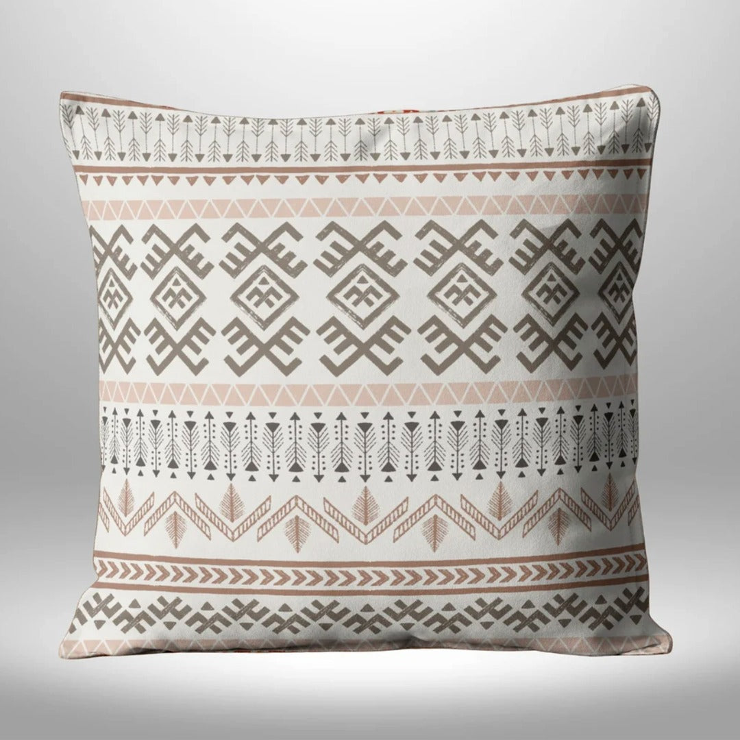 Cream cushion cover with gray and beige geometric motifs arranged in horizontal bands.