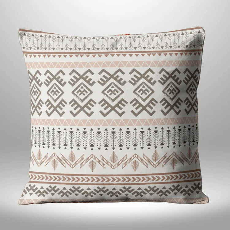 Cream cushion cover with gray and beige geometric motifs arranged in horizontal bands.