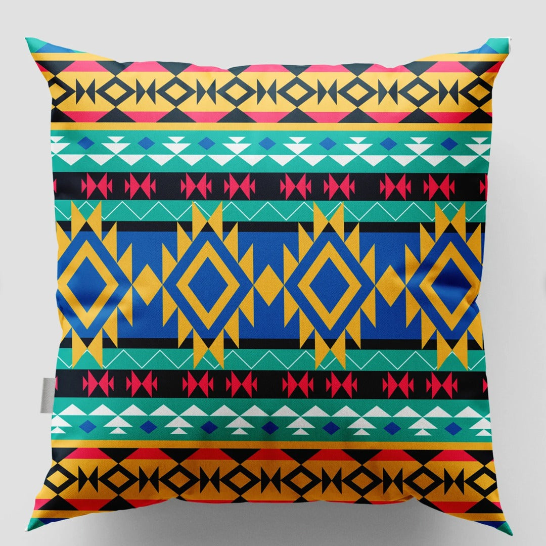 Black cushion cover with bright blue, yellow, green and pink geometric bands.