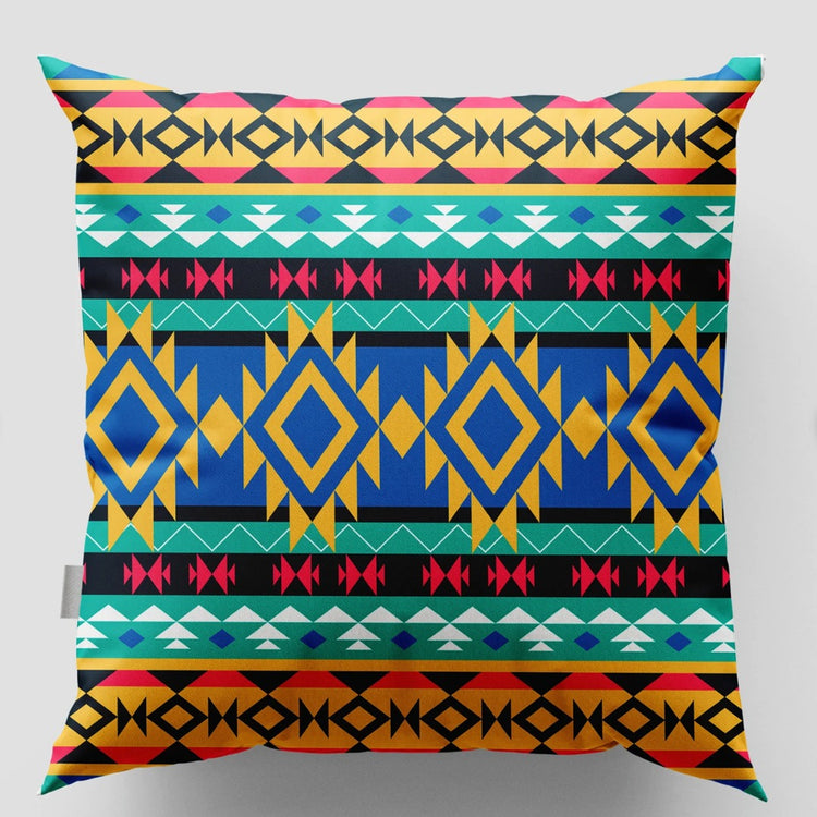 Black cushion cover with bright blue, yellow, green and pink geometric bands.