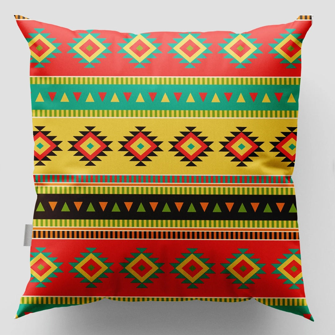 Cushion cover with red, green and yellow horizontal geometric bands.