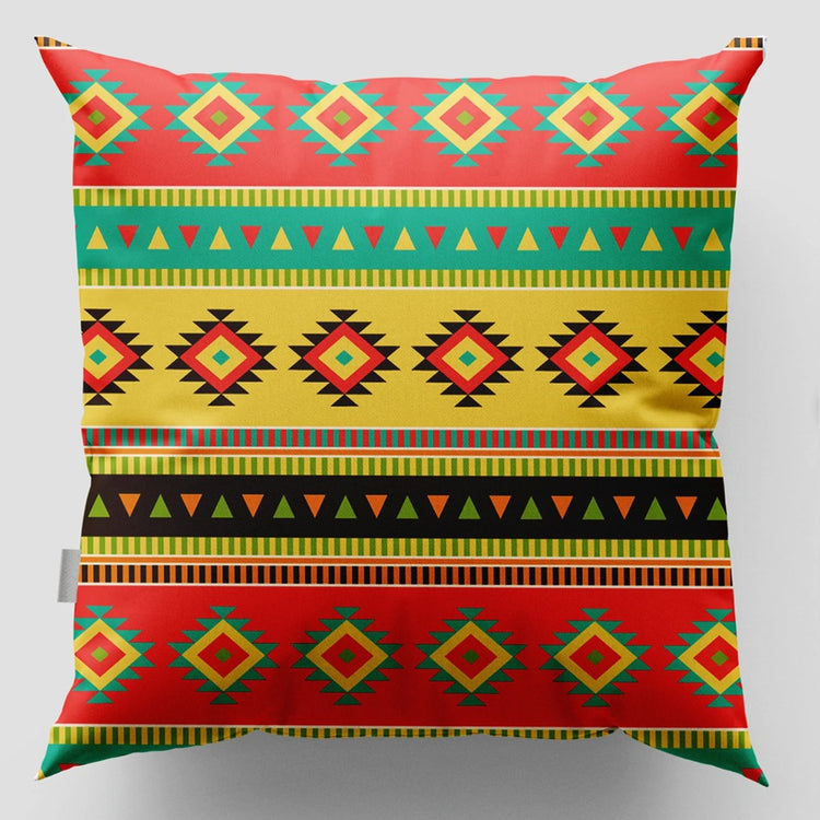 Cushion cover with red, green and yellow horizontal geometric bands.