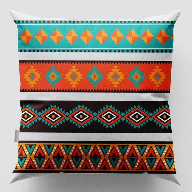 Cushion cover with turquoise, orange and black horizontal geometric bands.