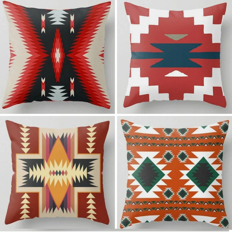 Four cushion covers with rust, cream, dark green and black geometric patterns.