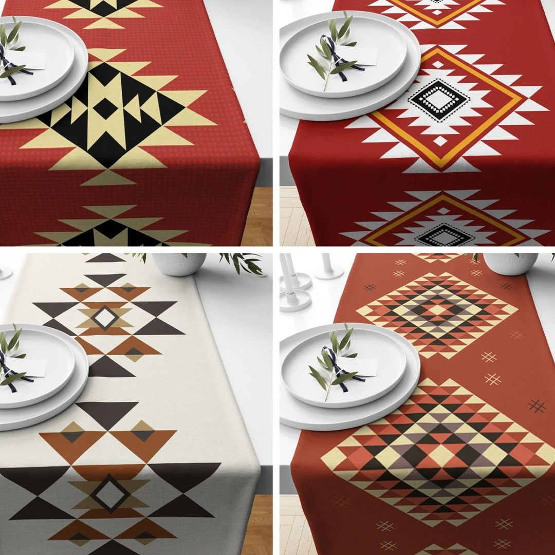 Four terracotta, cream and black geometric table-runner designs.