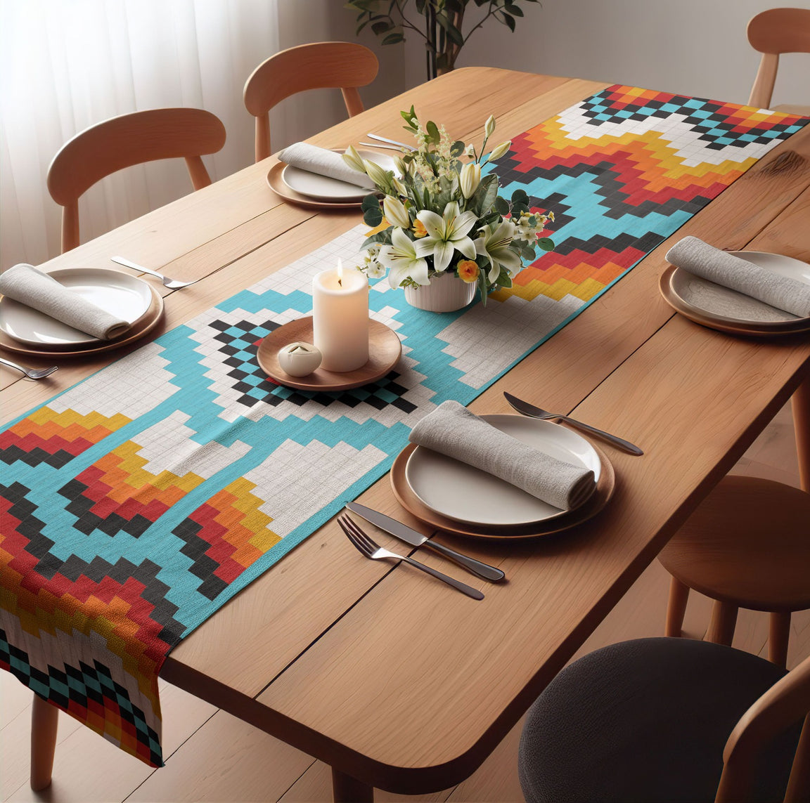 Colourful geometric table runner on a wooden dining table with plain neutral napkins.