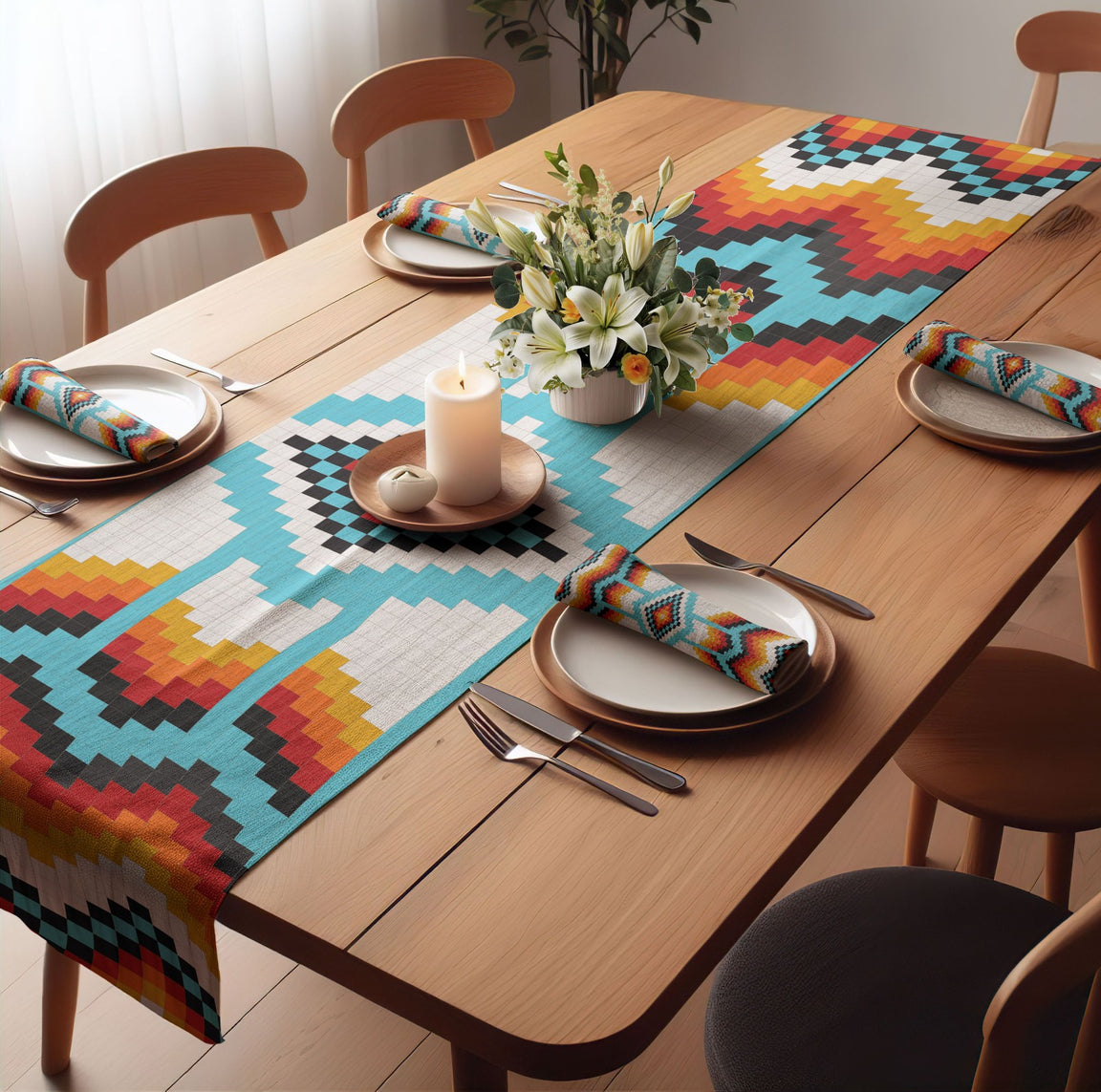 Colourful geometric table runner with matching napkins on a wooden dining table.