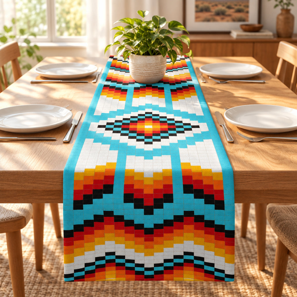 Close view of a turquoise geometric table runner with orange, black and cream motifs.