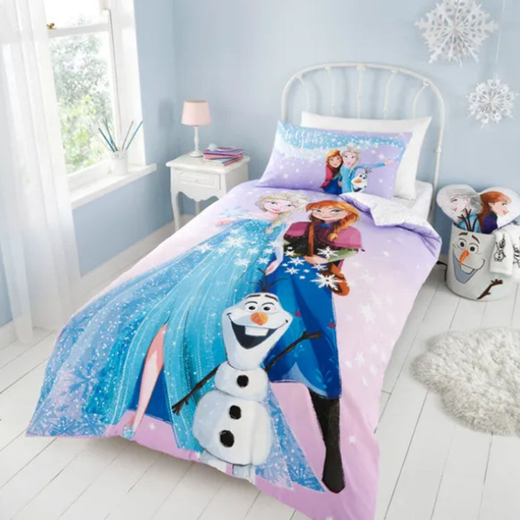 Blue and lilac children's bedsheet featuring two animated princesses and a snowman.