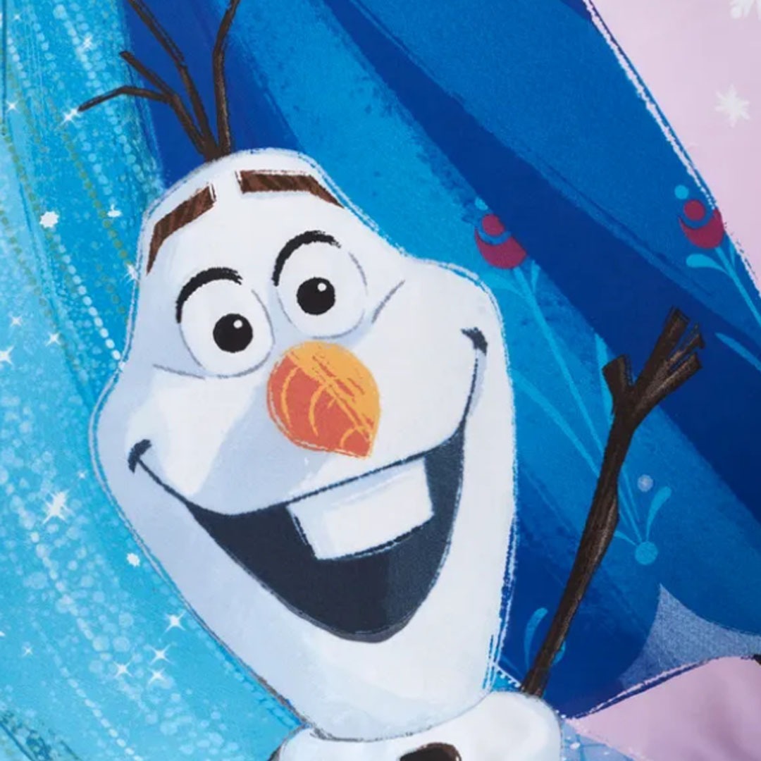 Close-up of a smiling snowman print on blue bedsheet fabric.