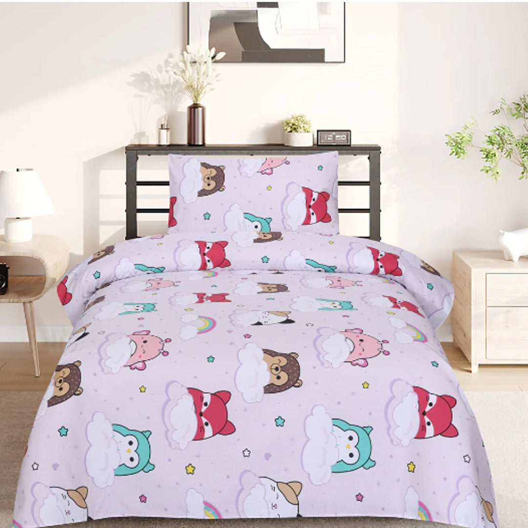 Light pink children's bedsheet with small cartoon animal and cloud motifs.