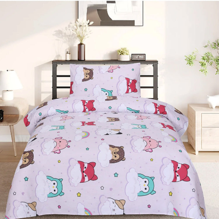 Light pink children's bedsheet with small cartoon animal and cloud motifs.